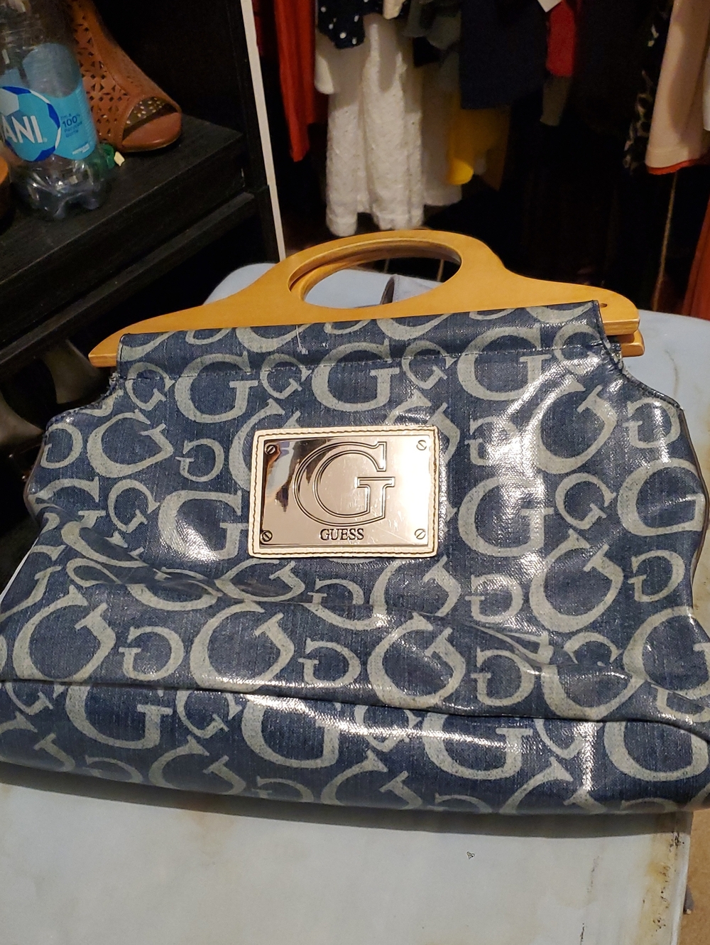 Vintage GUESS Blue Logo Tote with Wood Top Handles